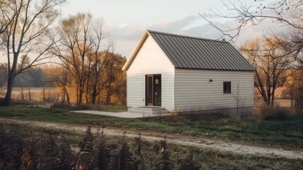 Obraz premium detailed view of a small, modernist chapel in a rural setting, its simple form highlighted by minimalist aluminum siding