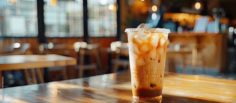 Poster Closeup of a delicious iced coffee in a glass on a table, with space for text or image. image with copy space