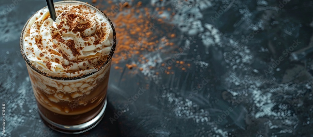 Poster an overhead view of a greek frappe in a glass, with ample copy space image.