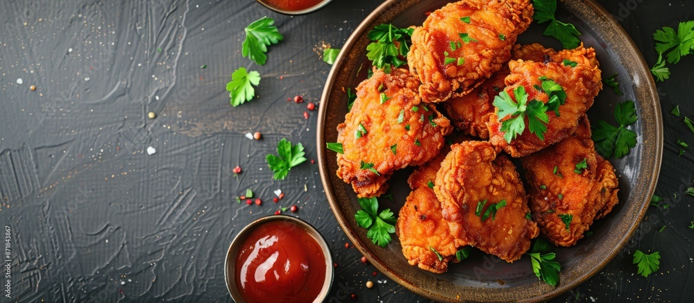 Poster chicken with a crispy coating and a savory sauce displayed in a photo with room for text or other el
