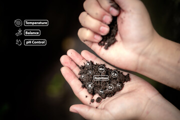 Testing fertile soil outdoors in close-up and with needed for planting. future agriculture Smart...