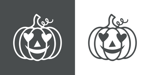 Logo i love Halloween. Emoticono con silueta de calabaza con líneas con sonrisa y corazones en lugar de ojos para felicitaciones y tarjetas