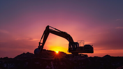 An excavator's silhouette stands tall against the backdrop of a picturesque sunrise.