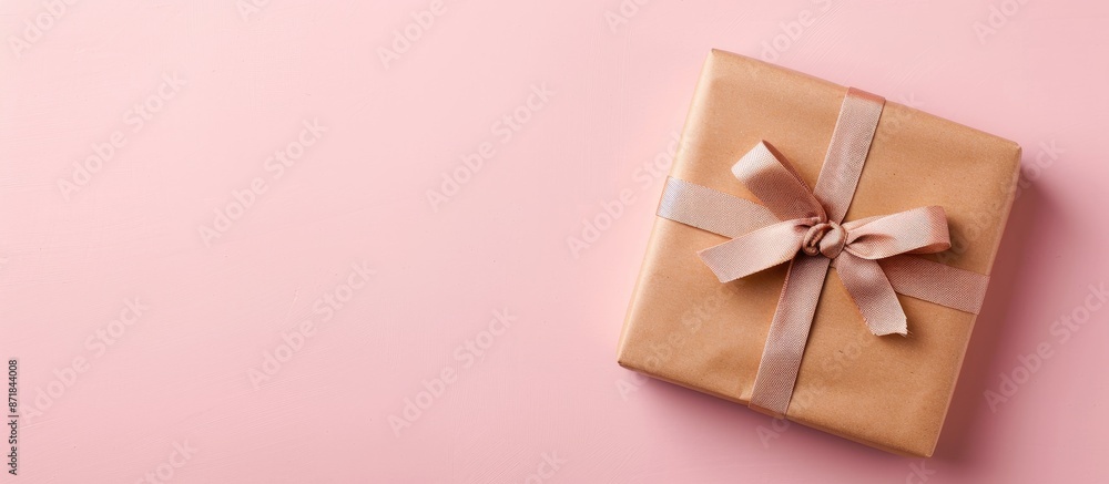 Poster Celebrate with a warm and inviting background containing a gift wrapped in brown paper on a soft pink surface in a top view copy space image.