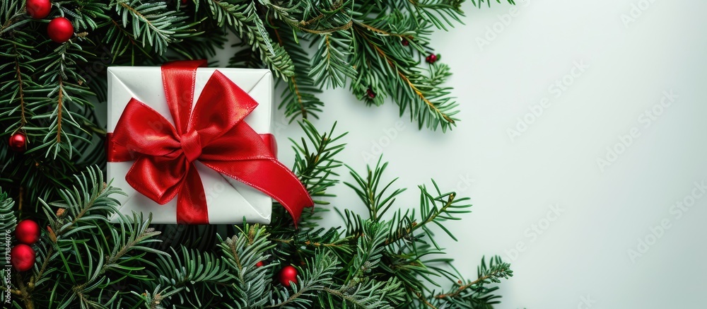 Aufkleber festive christmas gift box with a red bow nestled in fir branches creates a xmas and new year compos