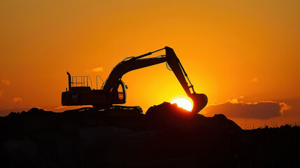 An excavator's silhouette stands tall against the backdrop of a picturesque sunrise.