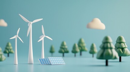 Clean energy concept with wind turbines and solar panels in a miniature landscape, representing renewable energy sources and sustainability.