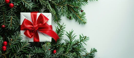 Festive Christmas gift box with a red bow nestled in fir branches creates a Xmas and New Year composition with a white copy space image.