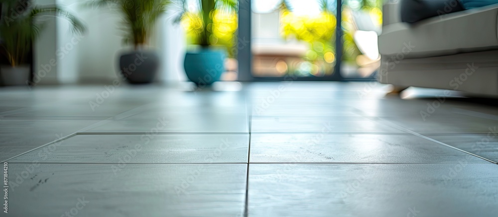 Poster Close up of indoor home floor tile with abstract blur background framing the copy space image.
