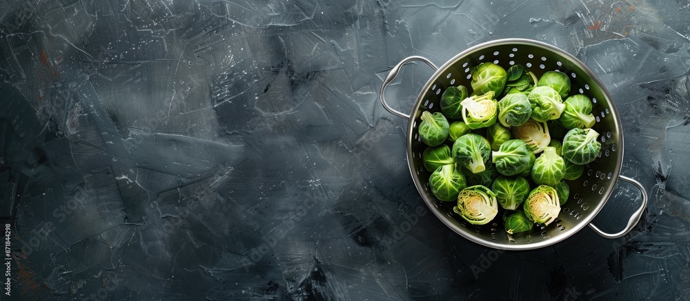 Poster Brussels sprouts in a colander on a table with copy space image.