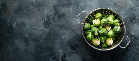Brussels sprouts in a colander on a table with copy space image.