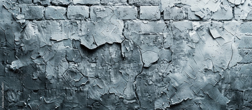 Poster Close-up of an industrial brick wall with a cracked texture of smooth plastered stone in grey tones, painted, providing ample copy space for your design and text in this toned image.
