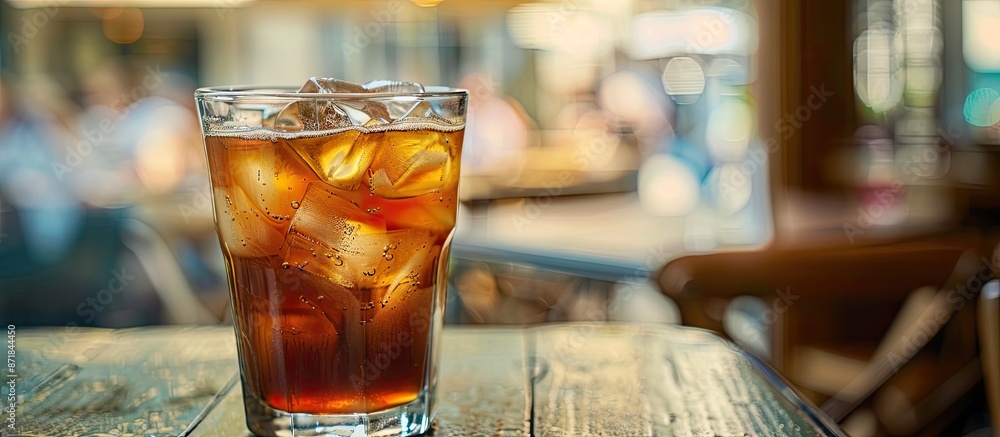 Poster closeup of a delicious iced coffee in a glass on a table, with space for text or image. image with c