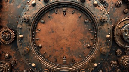 Naklejka premium Horizontal metallic round frame banner with vintage and retro details for steampunk and mechanical design Mockup template with text space