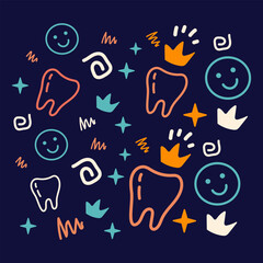 cute pattern illustration with teeth drawings and children's scribble elements