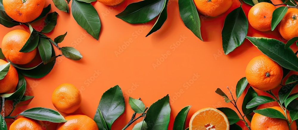 Poster flat lay of fresh ripe tangerines with green leaves on an orange background, creating a frame with c