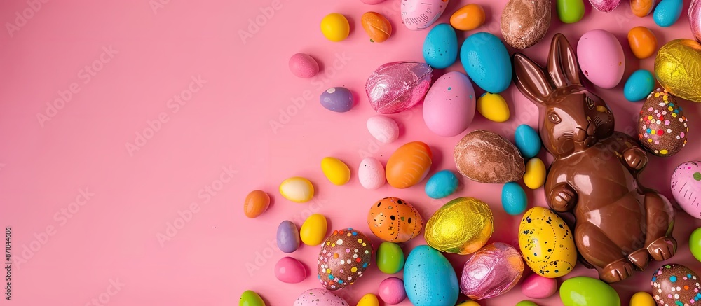 Poster Colorful background with chocolate Easter eggs and a bunny, providing empty space for image. image with copy space