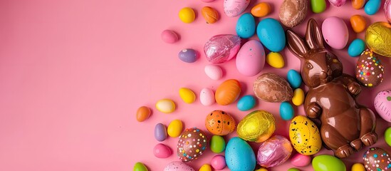 Fototapeta premium Colorful background with chocolate Easter eggs and a bunny, providing empty space for image. image with copy space