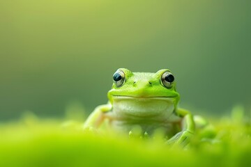 Obraz premium Detailed close up colorful frog gracefully perched on vibrant green moss in macro shot