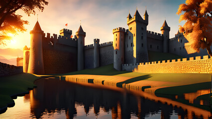 Obraz premium Majestic medieval castle silhouette reflected in calm water at sunset.