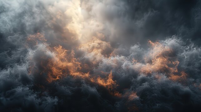 A captivating image of a dramatic cloudscape featuring fiery highlights and dark shadows, creating a stormy and intense atmosphere.
