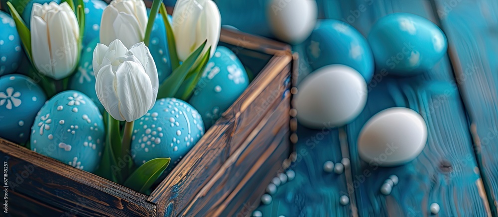 Aufkleber colorful easter eggs in blue and white hues alongside white tulips placed in a wooden box, creating 