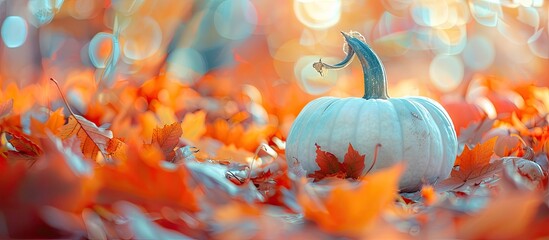 Colorful autumn setting with selective focus on orange and white pumpkin surrounded by vibrant maple leaves. Bokeh background provides copy space image.