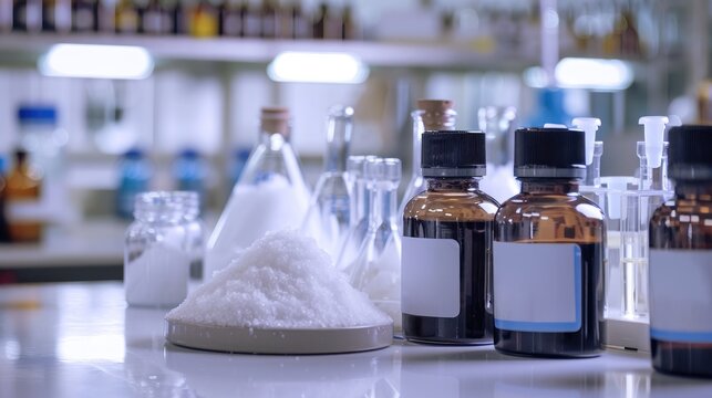 Focus on sodium hydroxide and sulfuric acid in containers in a chemistry lab