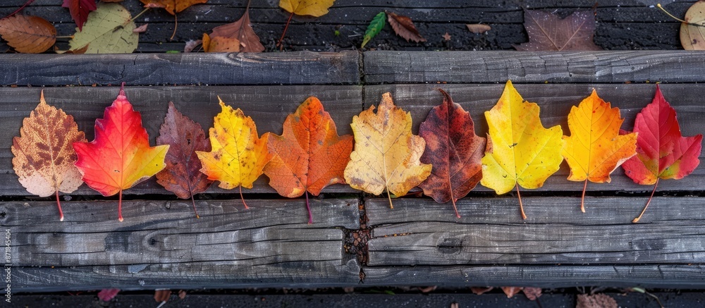 Poster Close-up of autumn leaves arranged in a row on a wooden surface with a background that offers space for additional images to be placed.