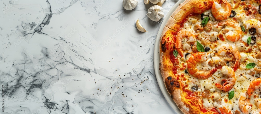 Poster Flat lay of delectable seafood pizza on a light grey marble surface with ample copy space for text in the image.