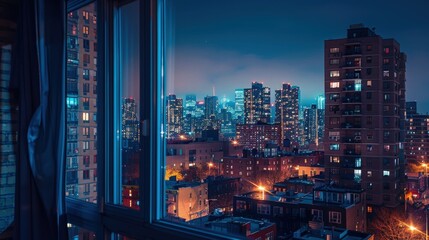 A dramatic nighttime scene viewed from an apartment window, displaying a cluster of urban buildings illuminated by the city's vibrant nightlife and distant street lamps, creating a lively cityscape.