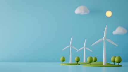 Minimalist illustration of wind turbines and trees on an island, with a clear blue sky and sun. Renewable energy concept.
