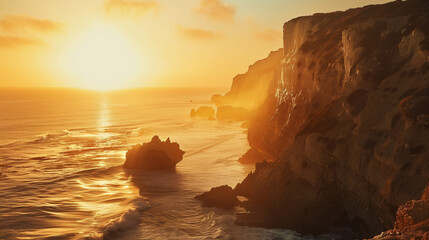 The sun is setting over the ocean, casting a warm glow on the water and the rocks. The scene is peaceful and serene, with the waves gently lapping against the shore