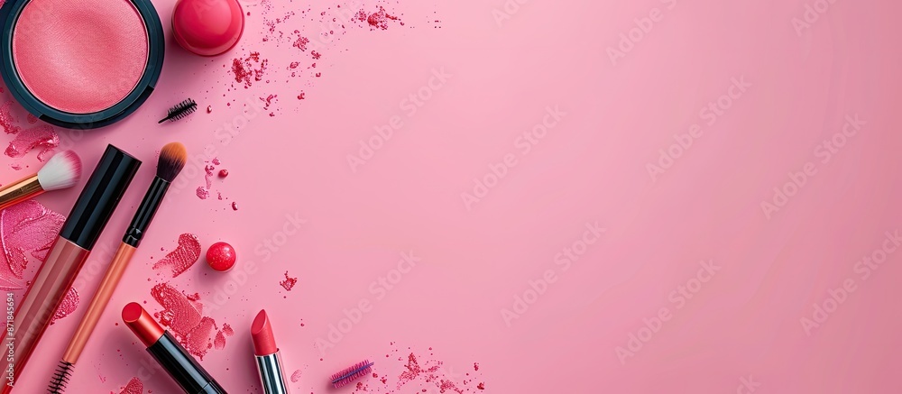 Poster Colorful background featuring a set of decorative cosmetics with ample copy space image.