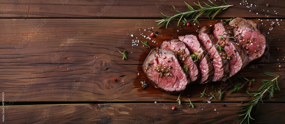 Aufkleber beef tenderloin with seasoning on a wooden backdrop, offering copy space image for text.