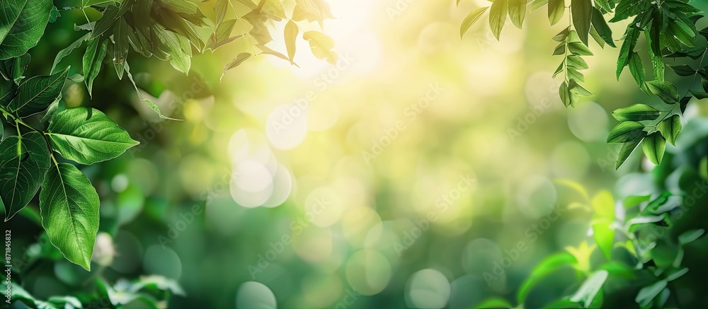 Poster Background with copy space image of blurred green leaves in a tropical setting, illuminated by sunlight, creating a fresh and vibrant atmosphere.