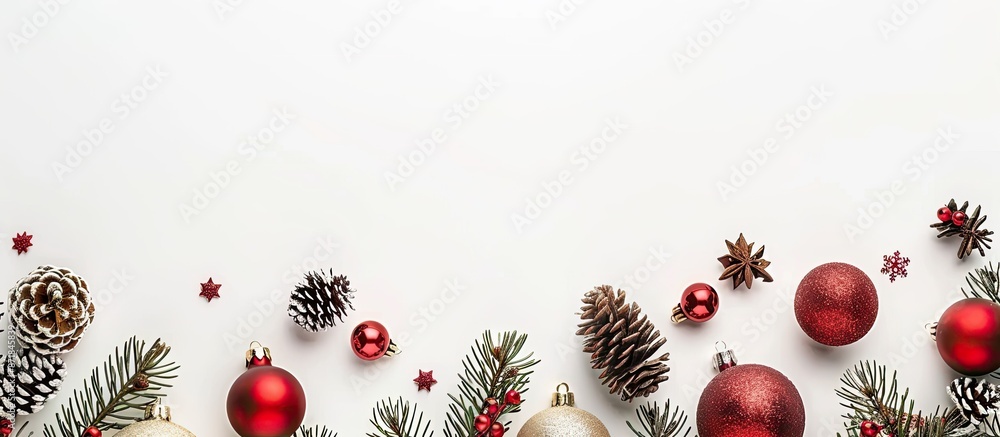 Poster festive christmas arrangement with wooden ornaments, baubles, and glitter on a white backdrop, conve