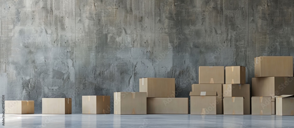 Poster cardboard boxes in motion on a gray wall backdrop, providing ample copy space for text.