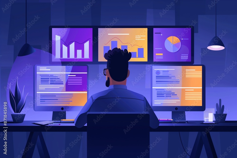 Poster man working late at night analyzing data on multiple monitors