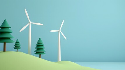 Fototapeta premium Minimalist landscape with wind turbines and trees on a hill against a blue sky, illustrating renewable energy and environmental sustainability.