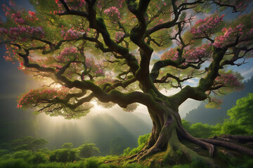 a field on which grows one beautiful tall oak tree, a summer landscape in sunny warm weather