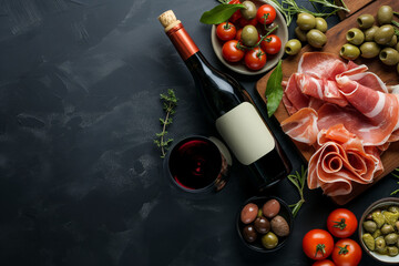 Antipasto. Wine set appetizer. Ham serrano, smoked salmon, dried and fresh tomatoes olive cheese, wine on board. Top view, charcoal background,