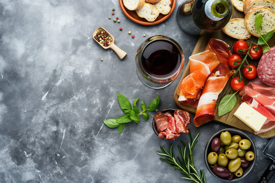 Antipasto. Wine set appetizer. Ham serrano, smoked salmon, dried and fresh tomatoes olive cheese, wine on board. Top view, charcoal background,