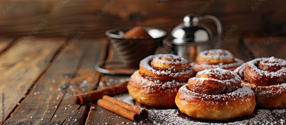 Aufkleber Breakfast featuring tempting cinnamon rolls dusted with confectioners' sugar displayed on a rustic wooden surface with a metal sifter and cinnamon stick, set against a backdrop ideal for food-related