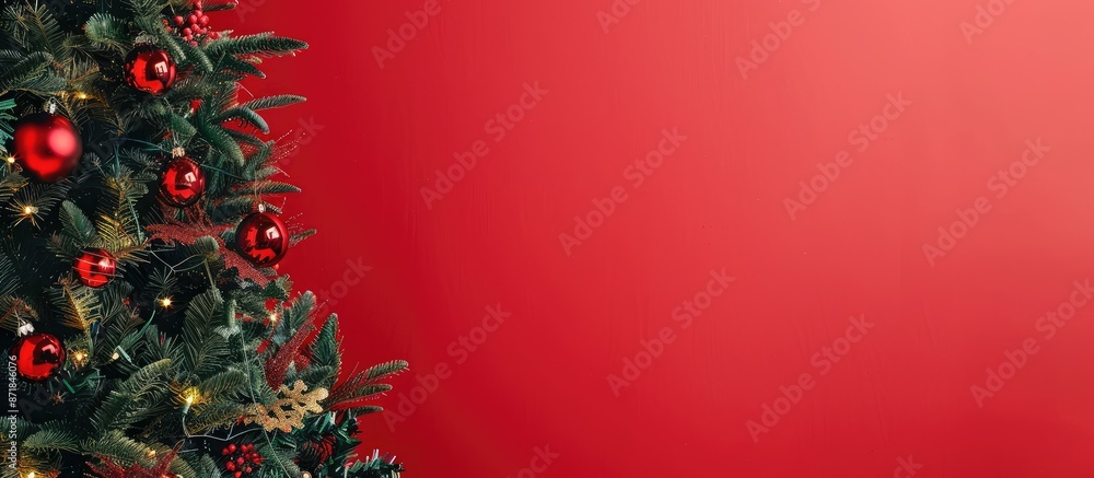Poster Closeup of a Christmas tree adorned with decorations against a red backdrop, providing room for text near the image. image with copy space