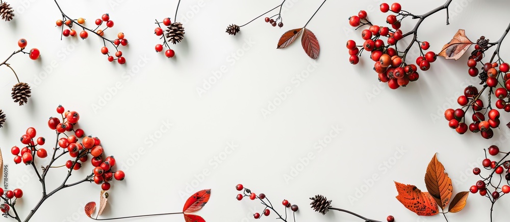Poster Autumn-themed arrangement with berries forming a frame on a white background. Perfect for fall, featuring a flat lay and top view with ample copy space image.