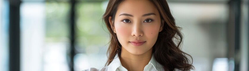 Naklejka premium A close-up portrait of a young woman with a confident expression, standing in a modern office with natural light.