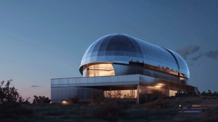 dramatic view of a modern observatory, its domed structure clad in highly reflective aluminum siding to mimic the night sky