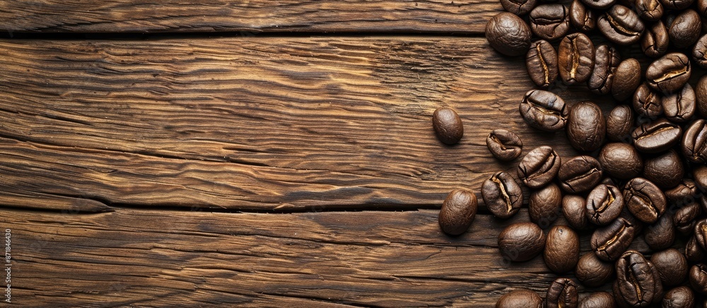 Poster close-up shot of tempting roasted coffee beans on a rustic wood backdrop, with ample copy space imag