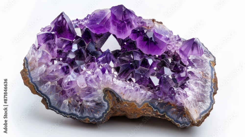 Poster close up amethyst geode on white background with space for text